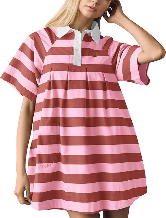 Meladyan Women's Striped Polo Dress Lapel Mini Dresses Cute Stripes Pleated Shirt Dress Summer Be... | Amazon (US)