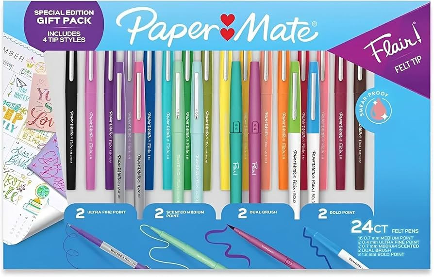 Paper Mate Flair Felt Tip Pens, 24 Vibrant Colors, Medium Point 0.7mm, 4 Unique Styles, No-Bleed ... | Amazon (US)