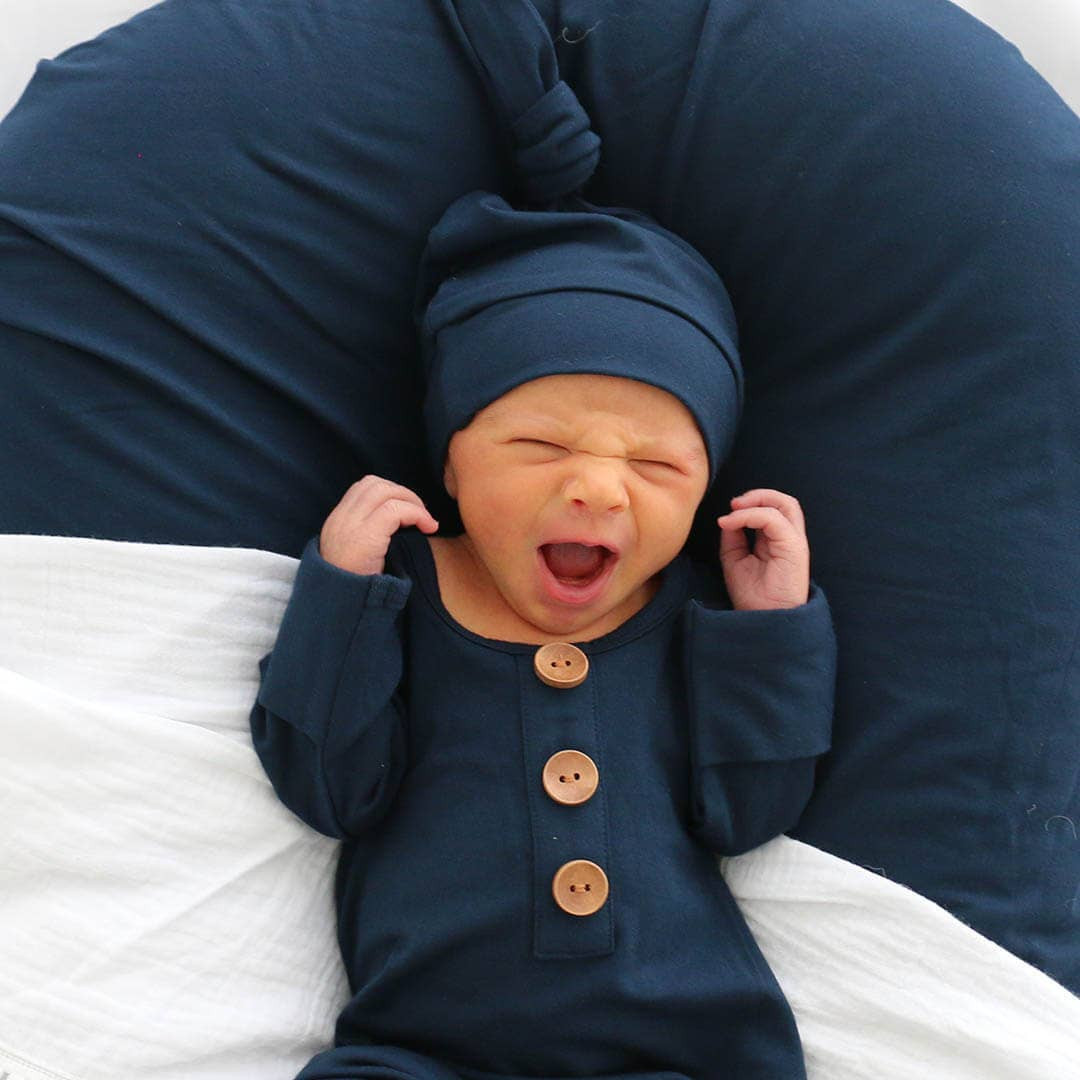 Solid Dark Navy Bamboo Baby Knot Gown & Hat: Newborn / 7-14lbs+ | Persnickety