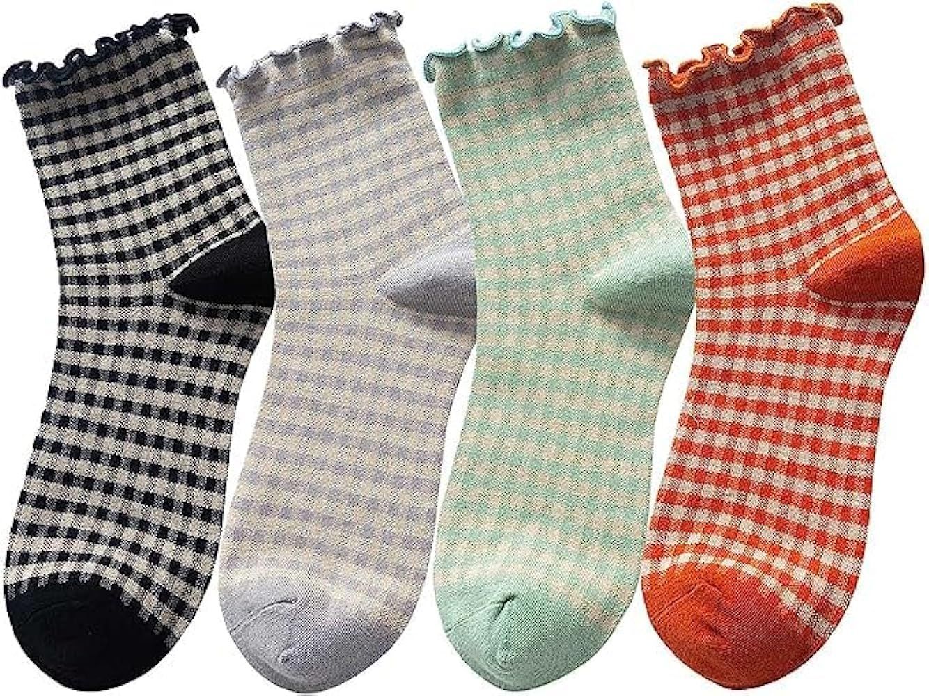 Women's Cute Ruffle Frilly Striped Color Block Cotton Knit Casual Crew Socks 4 Pairs Size 5-9 (Mu... | Amazon (US)