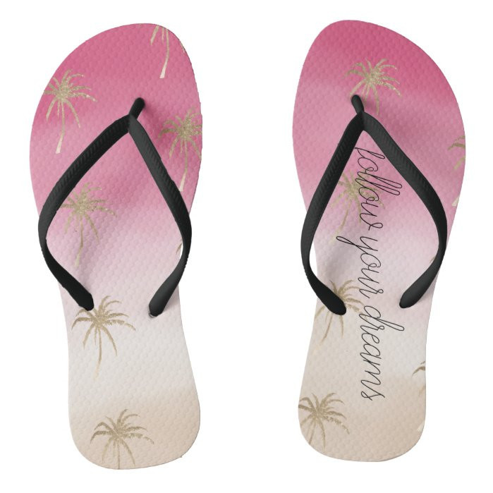 Pink Peach Gold Tropical Palm Trees Ombre Flip Flops, Women's, Size: Womens 8/9 - Mens 7/8, Black Fo | Zazzle