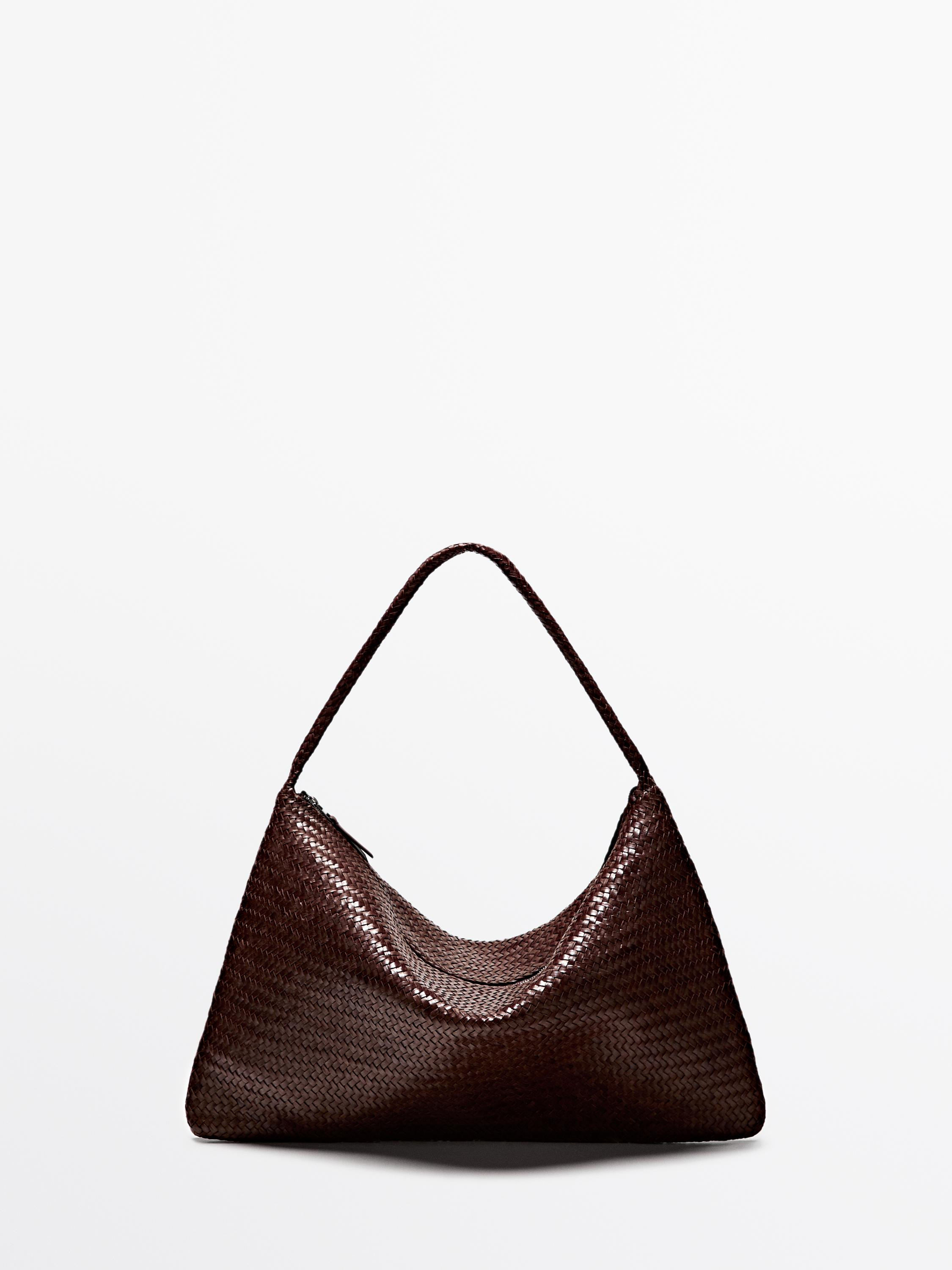 Large woven nappa leather satchel bag | Massimo Dutti UK