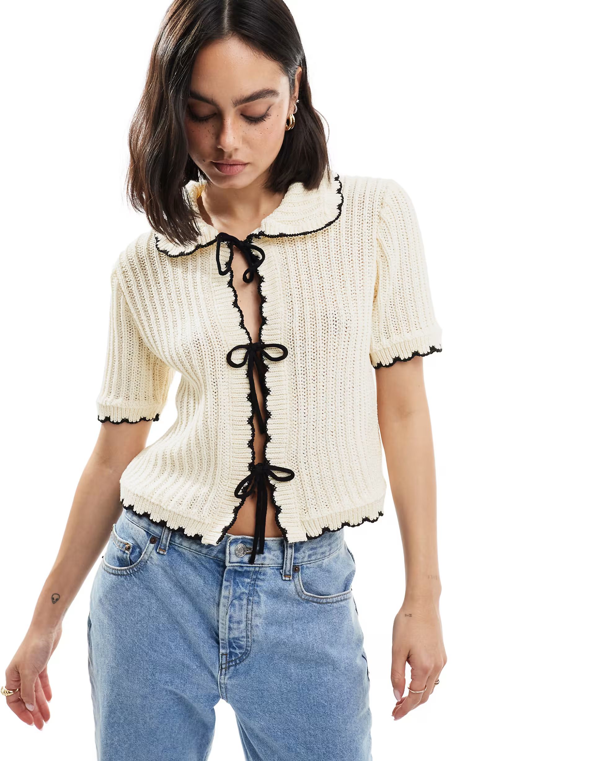 ASOS DESIGN frill collar cardigan in ecru | ASOS | ASOS (Global)