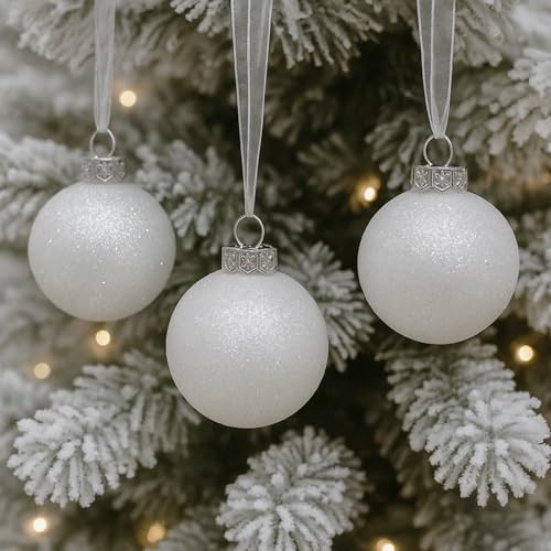 SLEETLY 30pc White Christmas Ball Tree Ornaments Holiday Xmas Decorations - Shatterproof Plastic 2.36 inch Glitter Snow Balls with White Ribbon Hangers and Snowflakes Set | Amazon (US)