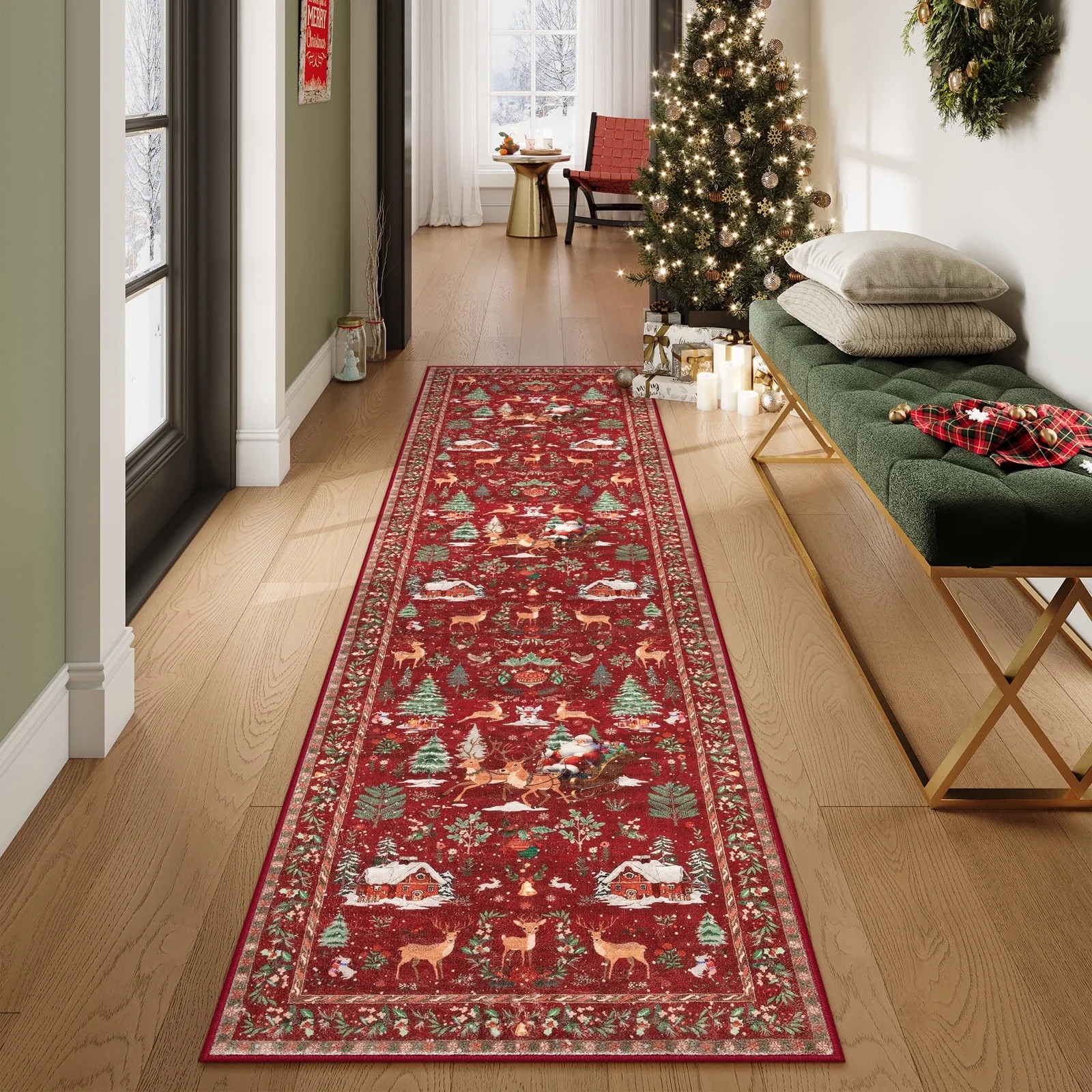 Lahome Decor Christmas Hallway Runner Rug, 2' x 8', Elk, Snowflakes, Christmas Tree, Sleigh, Hous... | Walmart (US)