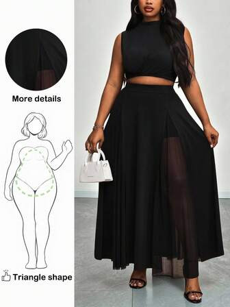 Truni Plus Size Women's Fashionable Elegant Sheer Sexy 2 Pieces Set, Suitable For Dates And Parties For 2026 New Year, For Pear & Triangle Body Shape Curve Tank Top & Skirt Set, Maweii Plus Size 2 Pieces Plus Size Curve Two Pieces Outfits, For Summer | SHEIN