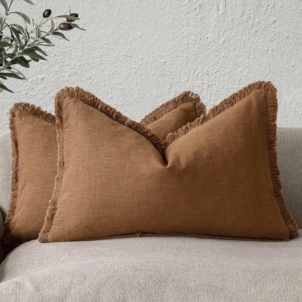 Foindtower Set of 2 Decorative Linen Fringe Lumbar Throw Pillow Covers Farmhouse Cushion Cover wi... | Amazon (US)