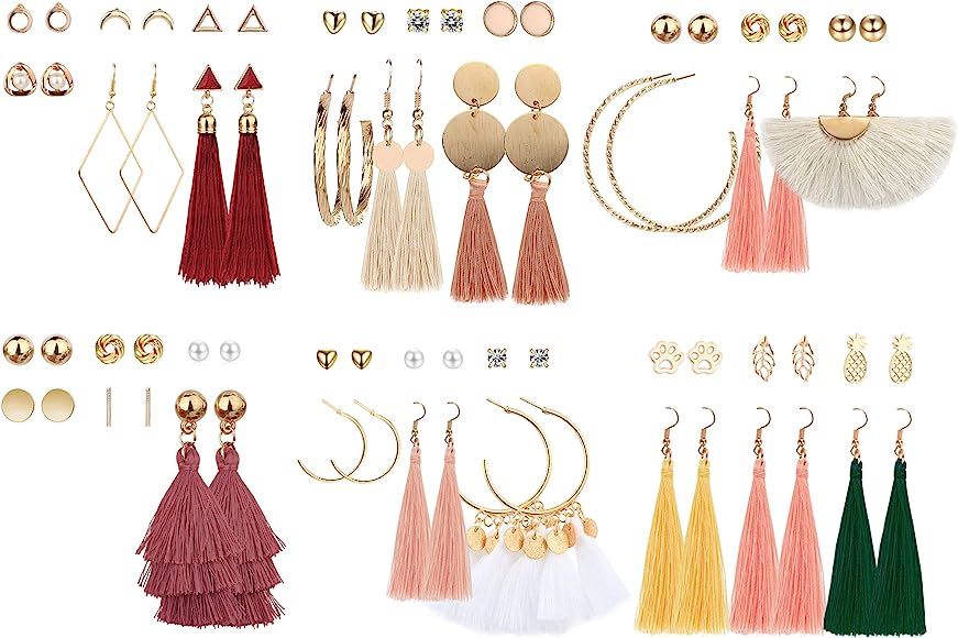 LOYALLOOK 36 Pairs Assorted Multiple Stud Hoop Bohemian Tassel Drop Dangle Earrings Set For Women... | Amazon (US)
