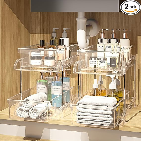2 Pack Bathroom Organizers and Storage, 2 Tier Clear Under Sink Organizers and Storage, Stackable... | Amazon (US)
