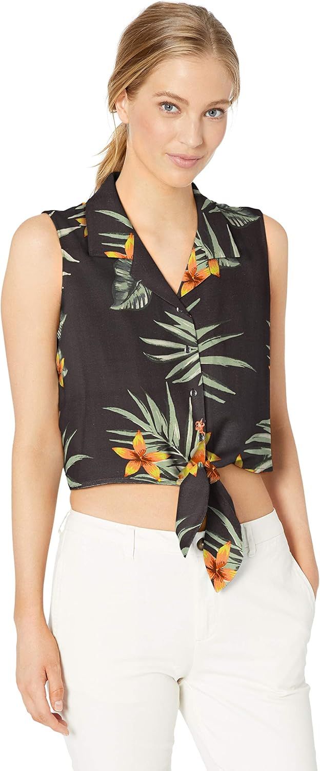 Amazon Brand - 28 Palms Women's Loose-Fit Silk/Rayon Tie Front Hawaiian Crop Top | Amazon (US)