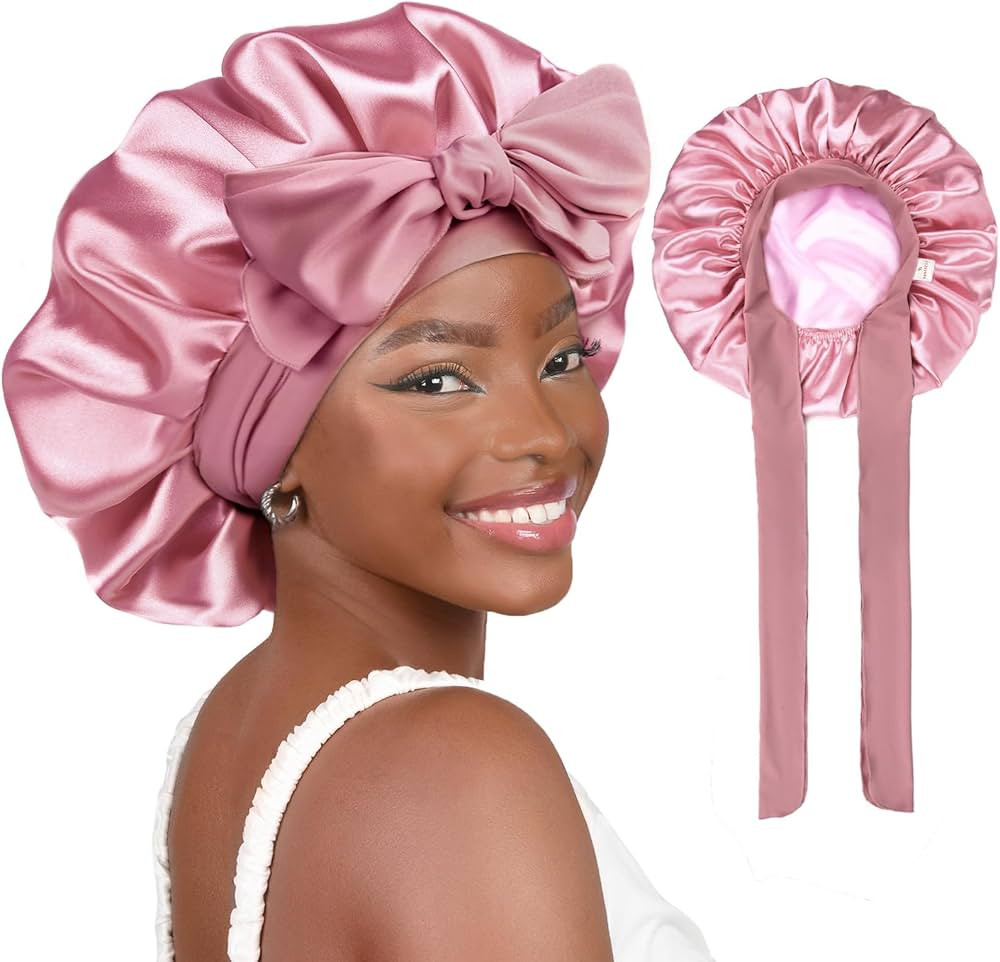 Yanibest Adjustable Satin Bonnet for Sleeping, Double Layer Silk Hair Bonnet with Tie Band for Un... | Amazon (US)