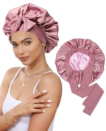 Satin Bonnet for Sleeping Cap Double Layer Hair Bonnet with Elastic Tie Band for Curly Hair Night Cap (Bean Paste + Pink) | Amazon (US)
