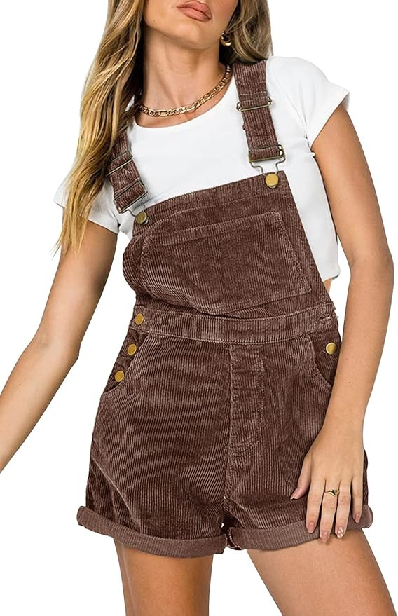 Women Corduroy Short Overalls Romper Jumpsuit Casual Adjustable Straps Cute Plain Overall With Po... | Amazon (US)