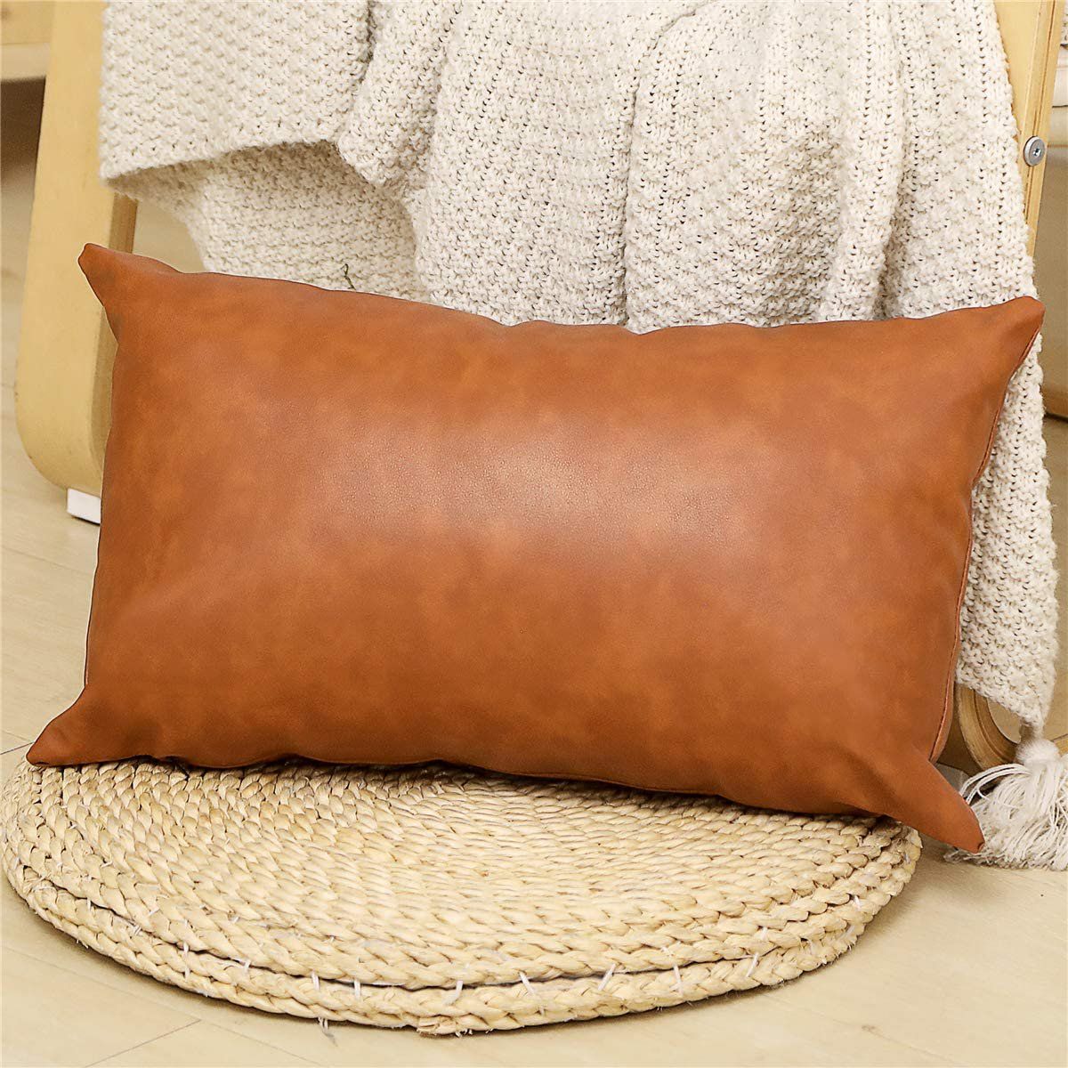 DecorX Faux Leather Lumbar Pillow Cover 12x20 inch, Modern Country Style Decorative Lumbar Pillow... | Walmart (US)