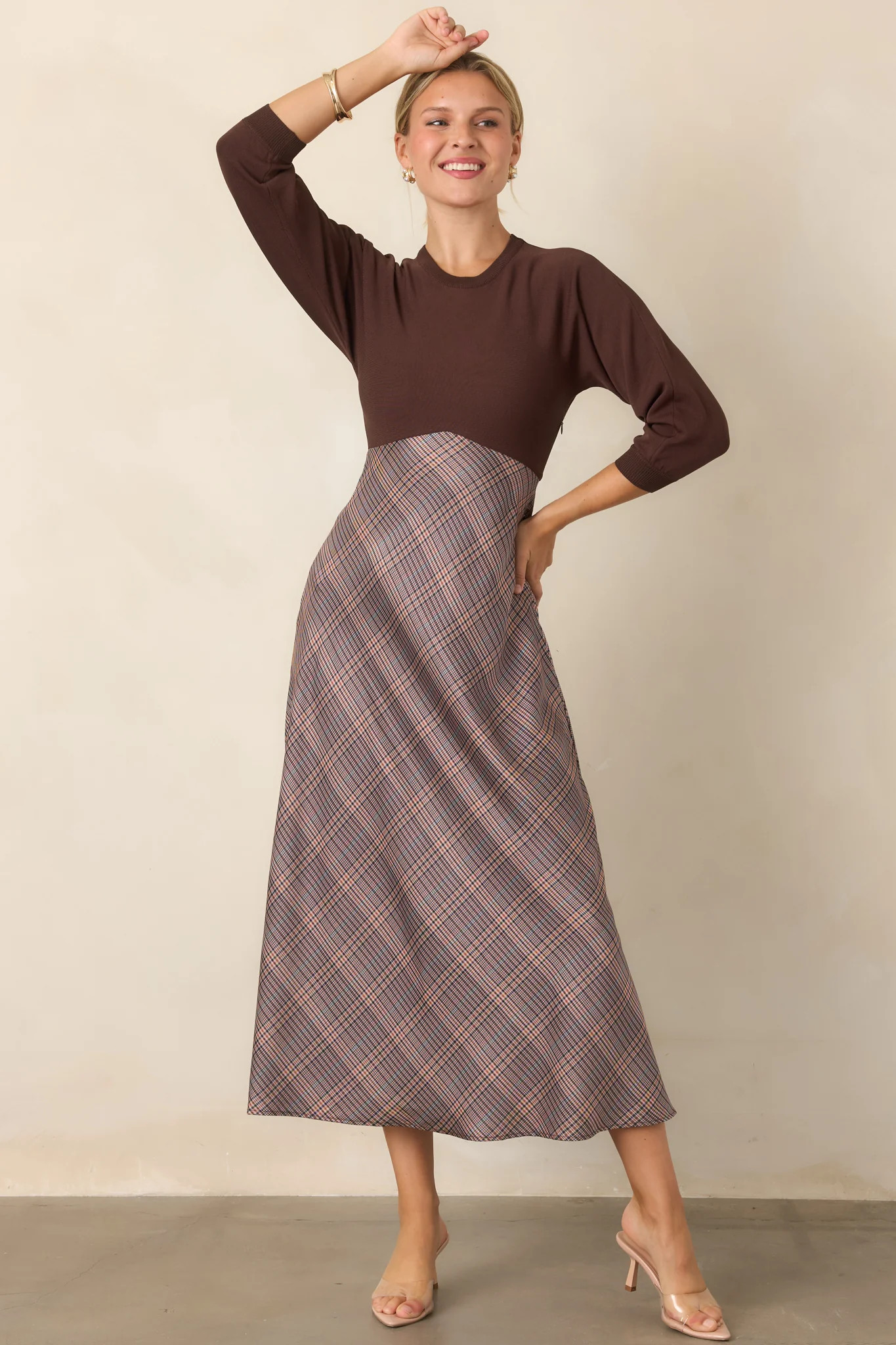 Perfectly in Place Brown Multi Plaid Knit Bodice Midi Dress | Red Dress