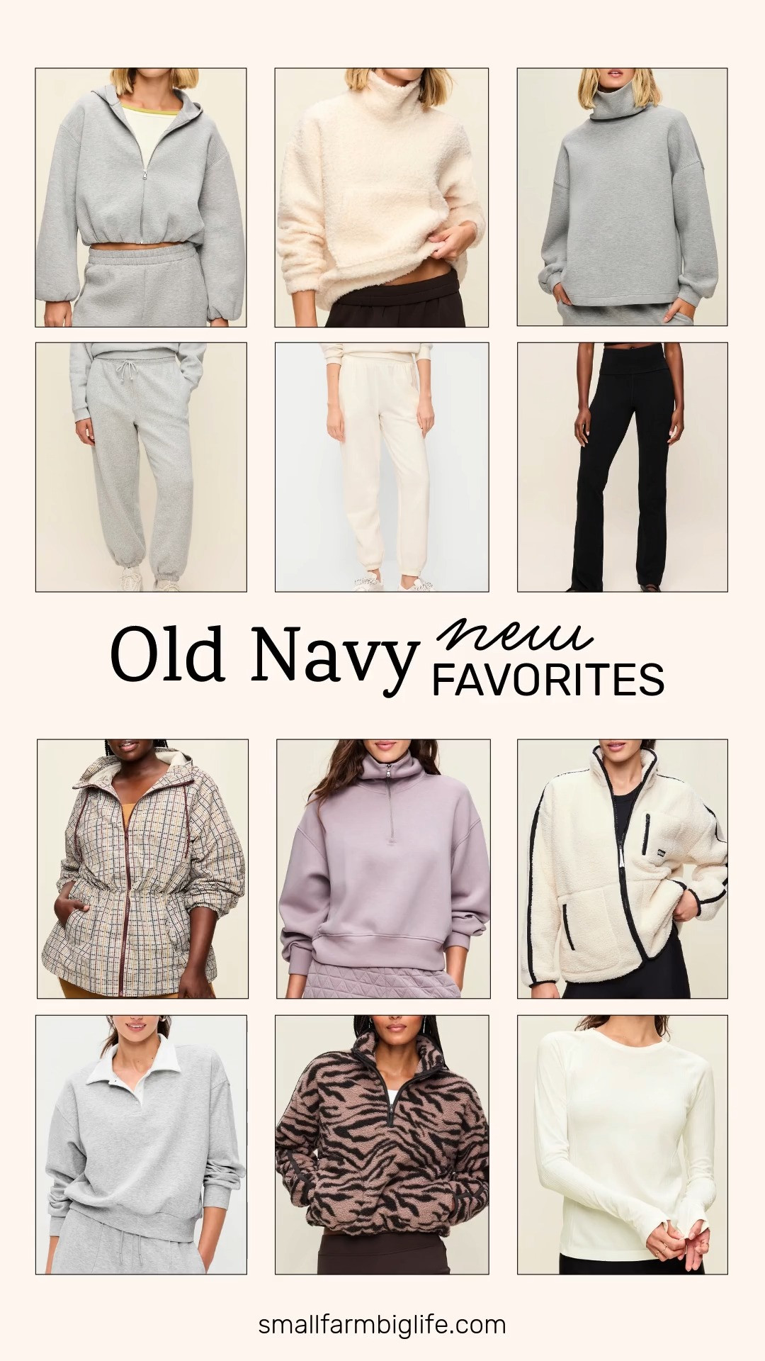 Old Navy New Favorites for fall: cozy loungewear and athleisure pieces you'll reach for all season long. 🍂

The heather grey Bounce Fleece Bubble-Hem Hoodie Sweatshirt and the heather grey Oversized Bounce Fleece Funnel-Neck Tunic are soft, relaxed layers that pair perfectly with the black High-Waisted PowerChill Fold-Over Bootcut Leggings or the heather grey Mid-Rise Baseline Fleece Jogger Sweatpants. Love a pop of color? The lavender Bounce Fleece Half-Zip Pullover Sweatshirt is so pretty for fall.

Sherpa season is here: the cream Oversized Funnel-Neck Sherpa Pullover, the cream with black trim Loose Sherpa Full-Zip Jacket, and the black and tan zebra stripe Loose Sherpa Half-Zip Pullover are all warm, fuzzy, and easy to throw on for chilly mornings, school pickup, or weekend errands. Match the cream sherpa with the cream High-Waisted SoComfy Jogger Sweatpants for a cozy tonal set.

For layering, the cream long sleeve Fluid Seamless Fitted Top and the grey heather Dynamic Fleece Pique Polo work under everything, and the cream plaid Oversized Rounded-Sleeve Anorak finishes off a casual fall outfit beautifully. These comfy, affordable pieces make great fall outfits for women over 50 and anyone who wants cozy style without trying too hard.

#oldnavy #falloutfits #cozyoutfits #sherpajacket #athleisure 

 #LTKActive #LTKOver40 #LTKSaleAlert