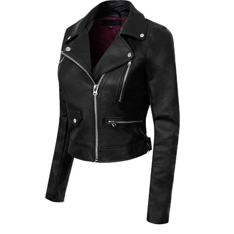 Made by Olivia Women's Long Sleeve Zipper Closure Moto Biker Faux Leather Jacket | Walmart (US)