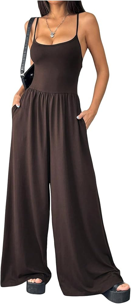 OYOANGLE Women's Sleeveless Wide Leg Jumpsuits High Waisted Spaghetti Strap Casual Long Rompers w... | Amazon (US)