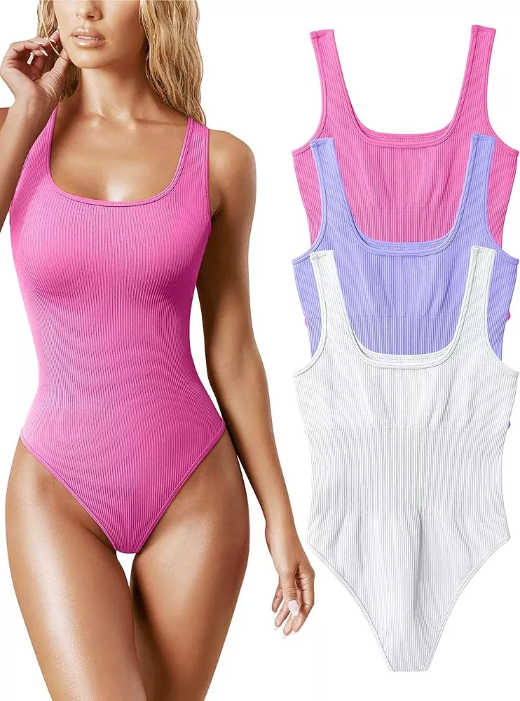  Thong Bodysuits For Women 3 Piece Sexy Ribbed Seamless Tummy  Control Shapewear Sleeveless Square Neck Tank Top