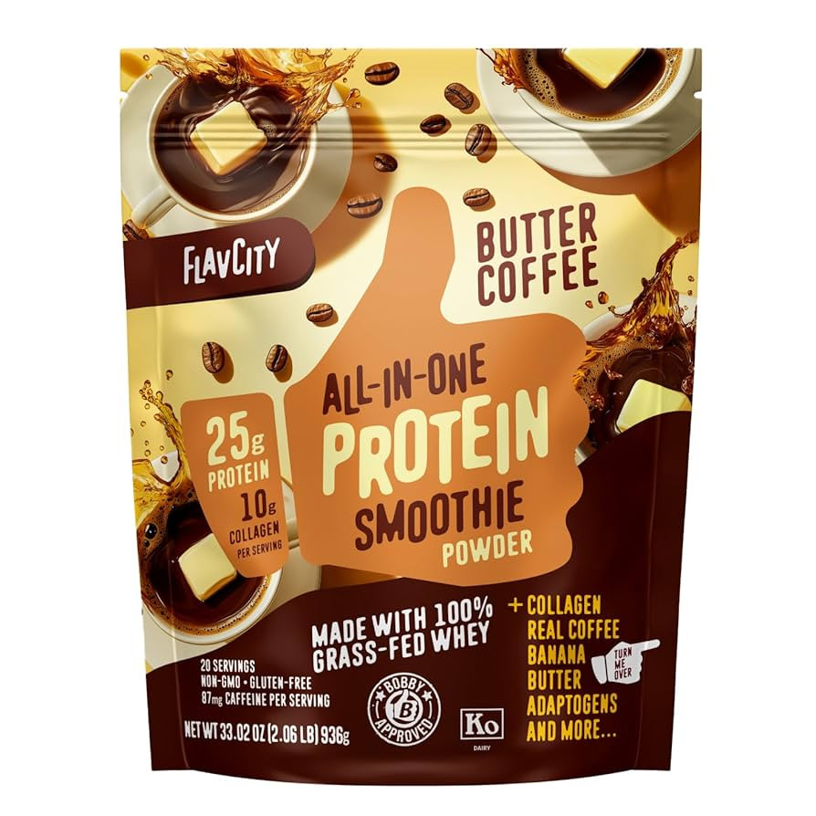 FlavCity Grass Fed Whey Protein Powder - Butter Coffee - 25g Protein, 10g Collagen & 87mg Caffein... | Amazon (US)