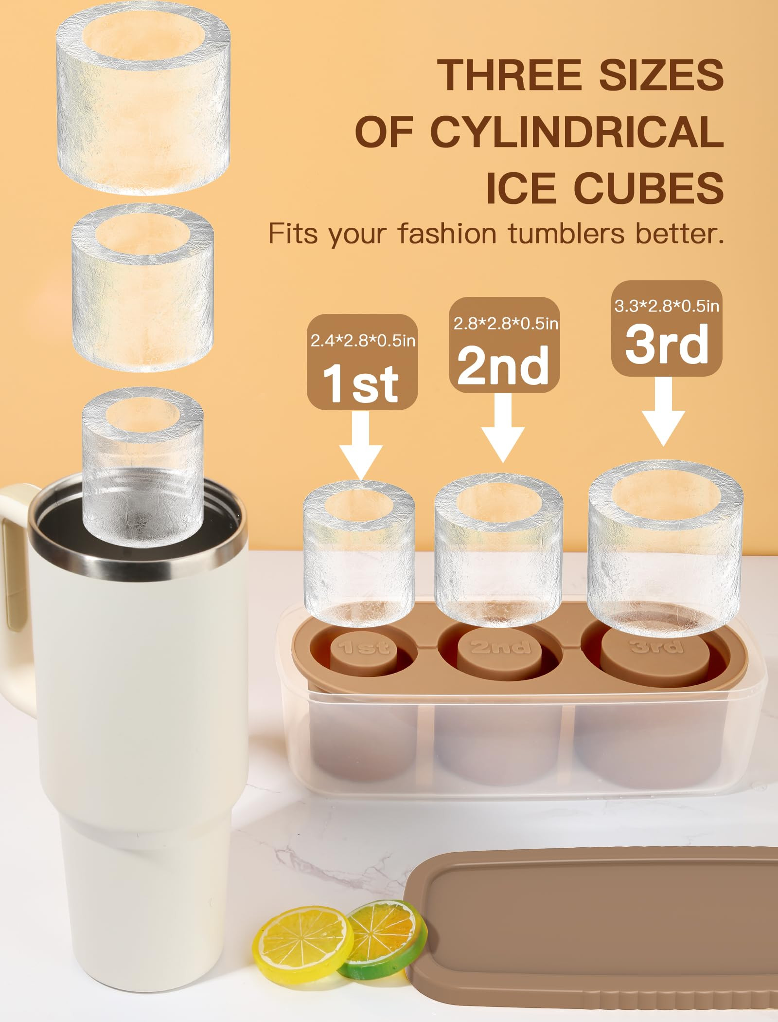 Ice Cube Tray for Tumbler Cup 30Oz-40Oz, 3 Pcs Silicone Cylinder Ice Mold with Lid and Bin for Fr... | Amazon (US)