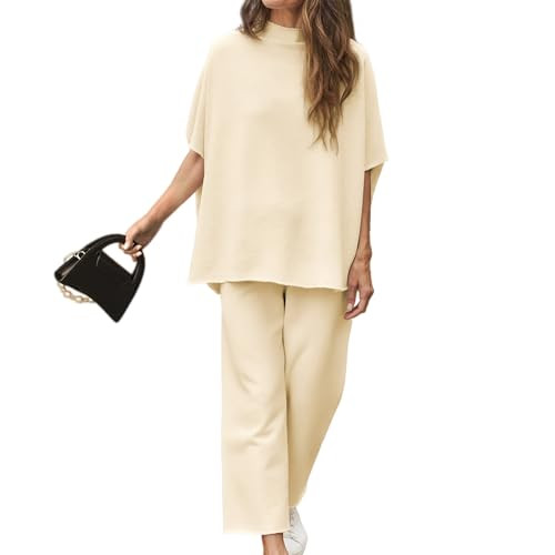 Women's Two Piece Outfits 3/4 Batwing Sleeve Capelet Crew Neck Pullover Top Wide Leg Pants Lounge... | Amazon (US)