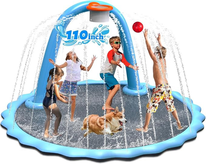 110'' Splash Pad with Ball, Basketball Hoop & Arch, Outdoor Water Mat for Kids, Dogs & Adults, No... | Amazon (US)