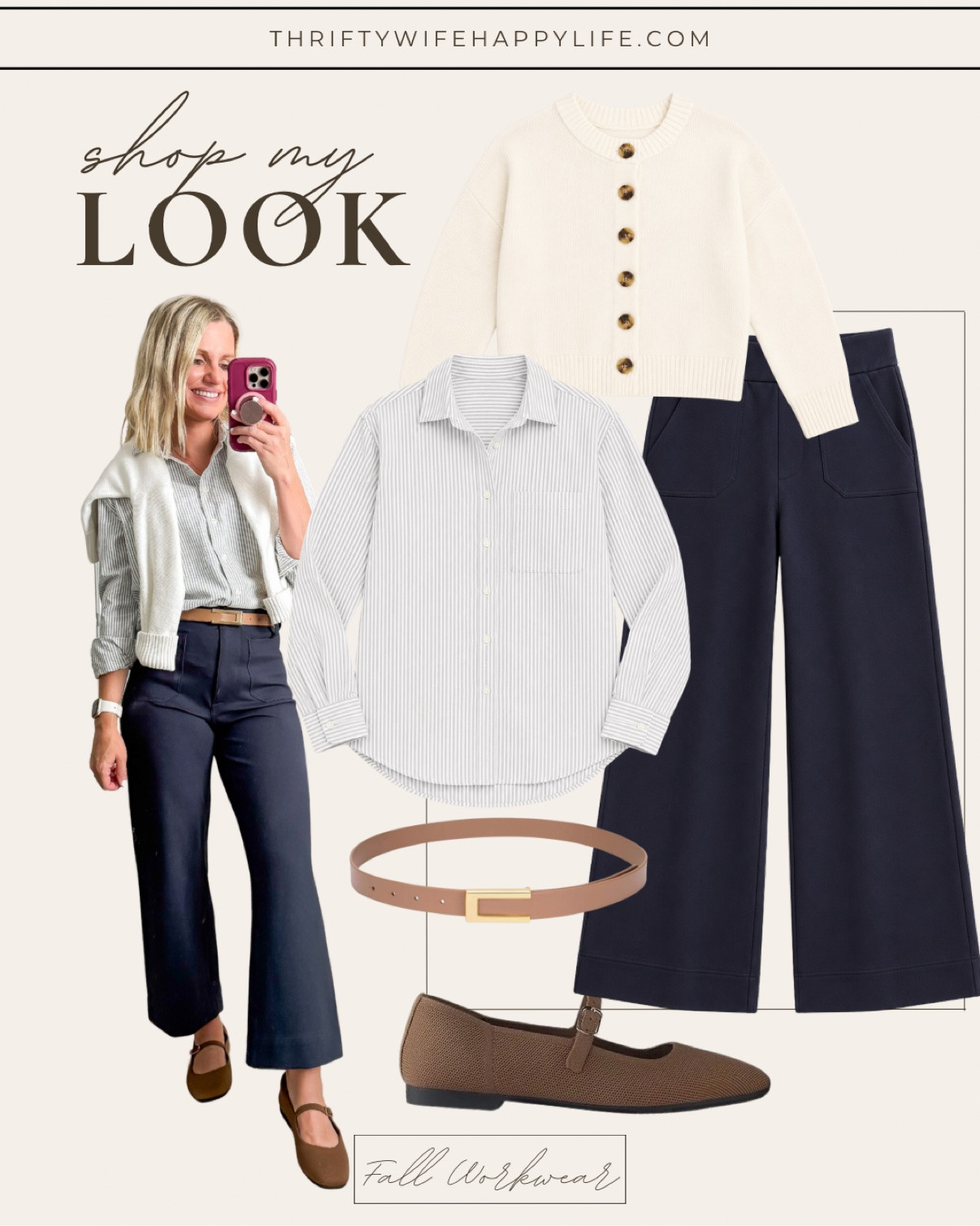 Shop my fall workwear look: cream cardigan, striped button-down, navy trousers, and Mary Jane flats 🤎 #LTKOver40 #LTKPetite #LTKSeasonal