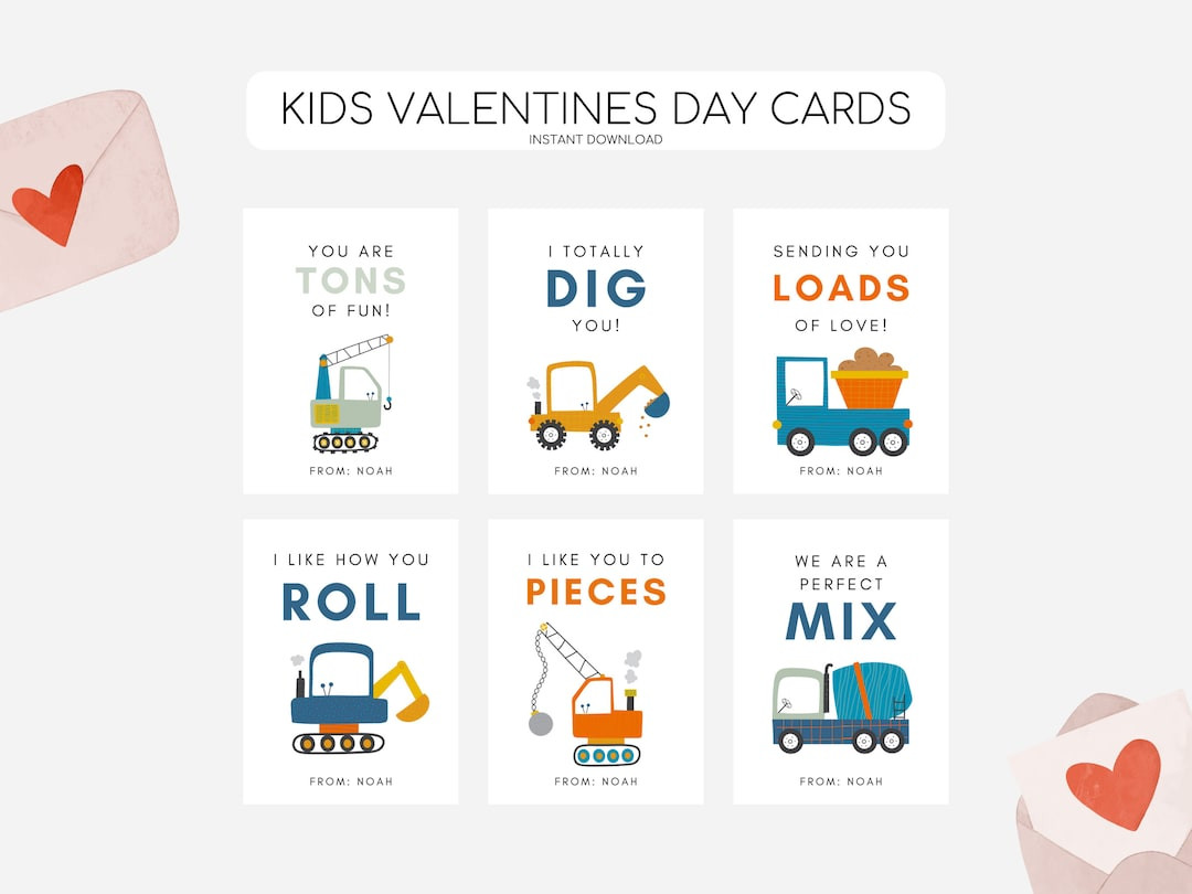 Kids Construction Valentines Day Cards, Printable Valentines Day Tags, Kid Vday Construction Card... | Etsy (US)