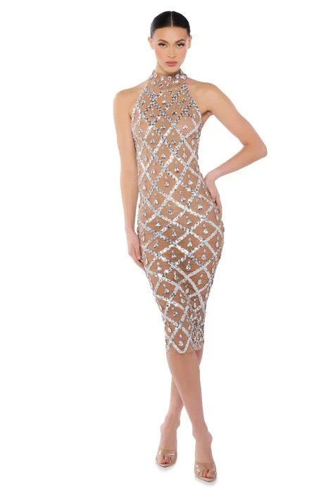 DIAMONDS ARE FOREVER MESH MIDI DRESS IN BEIGE | AKIRA