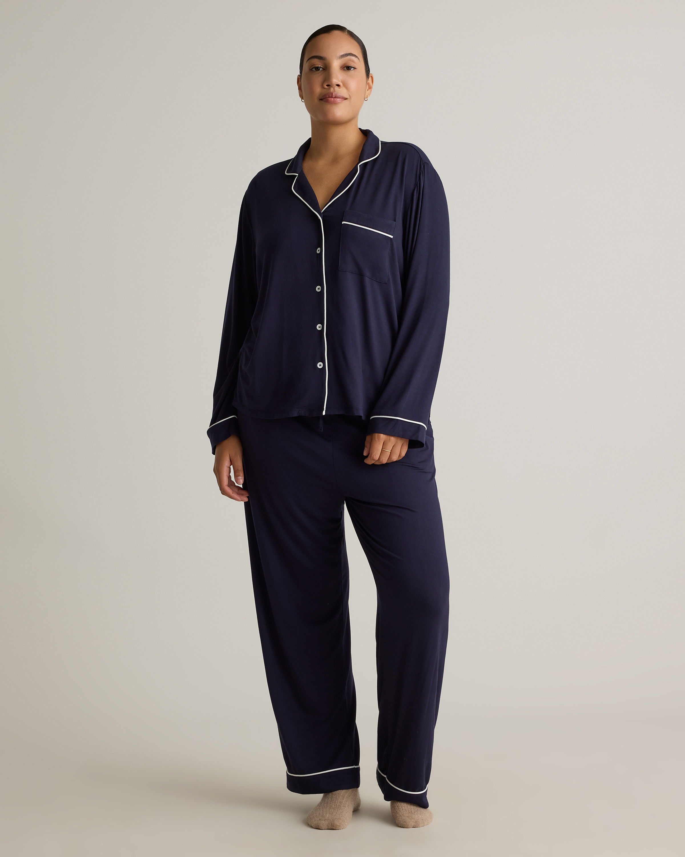 Quince | Women's Bamboo Jersey Long Sleeve Pajama Set in Deep Navy, Size Small | Quince