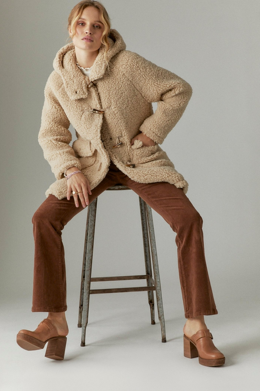 long hooded faux shearling toggle coat | Lucky Brand