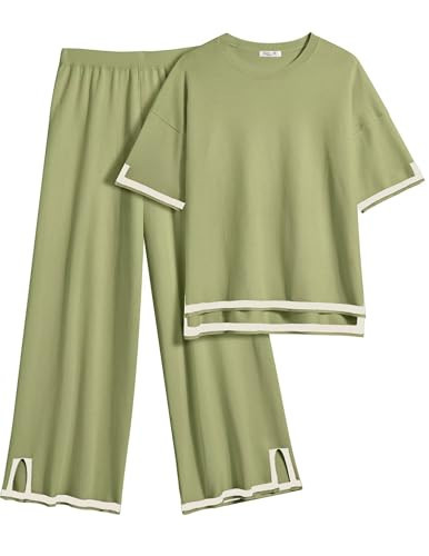 Ekouaer Lounge Set for Women Travel Outfits 2 Piece Sets Short Sleeve Sweater Top Wide Leg Long Pants Loungewear Army Green M | Amazon (US)