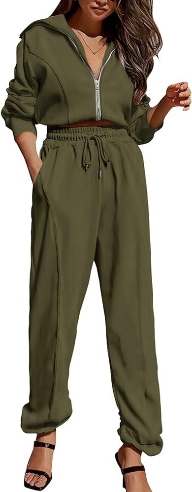 PRETTYGARDEN Women's 2 Piece Tracksuit Outfits Long Sleeve Zip Up Sweatshirt Drawstring Sweatpant... | Amazon (US)