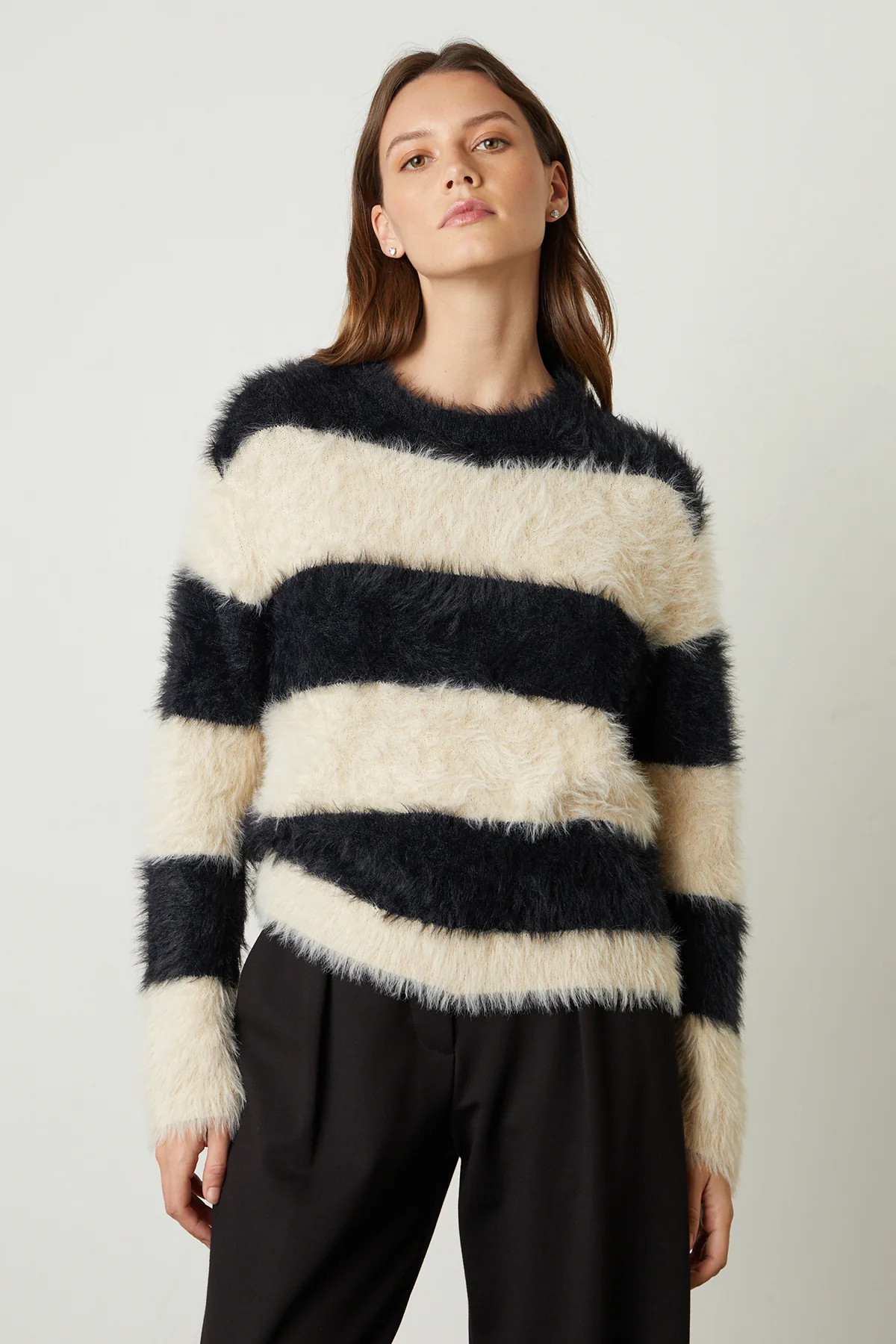 GIANNA FEATHER YARN STRIPED CREW NECK SWEATER | Velvet by Graham & Spencer