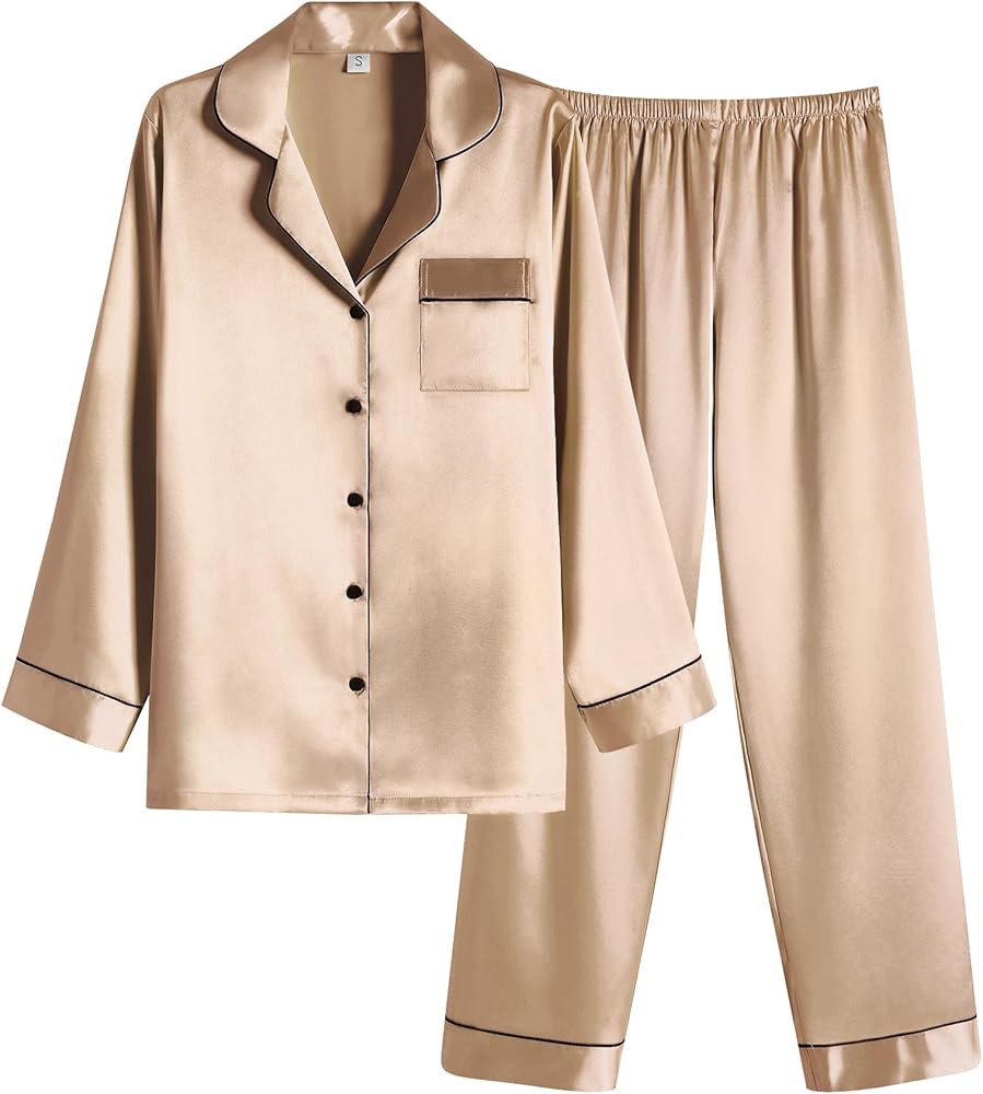Ekouaer Women Satin Pajamas Set Classic Button Down Long Pjs Set | Amazon (US)