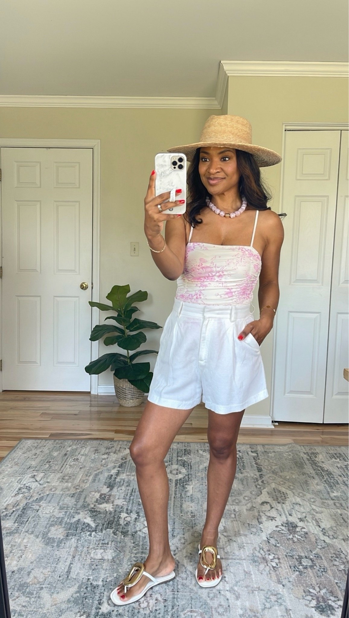 A medium in the one piece. Linking similar linen shorts, but mine are from H&M last year. Linking similar sandals. My hat is from lack of color, so linking the exact hat and similar ones. ￼

#ltkswim #ltksalealert #ltktravel