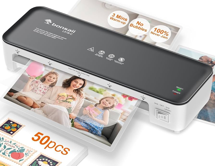 Bonsaii Laminator Machine, 9 Inch Laminators Machine with 50 Laminating Sheets, Laminator with Never Jam Technology for Doc/Posters/Photo, Simple Convenient for Home, Office and School - L418-C Grey | Amazon (US)