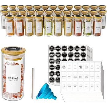 SpaceAid 36 Pcs Spice Jars with Bamboo Lids and Labels, Empty 4oz Glass Spice Bottles, Minimalist Farmhouse Spice Labels Stickers with Funnel, Seasoning Containers for Spice Rack, Cabinet and Drawer | Amazon (US)
