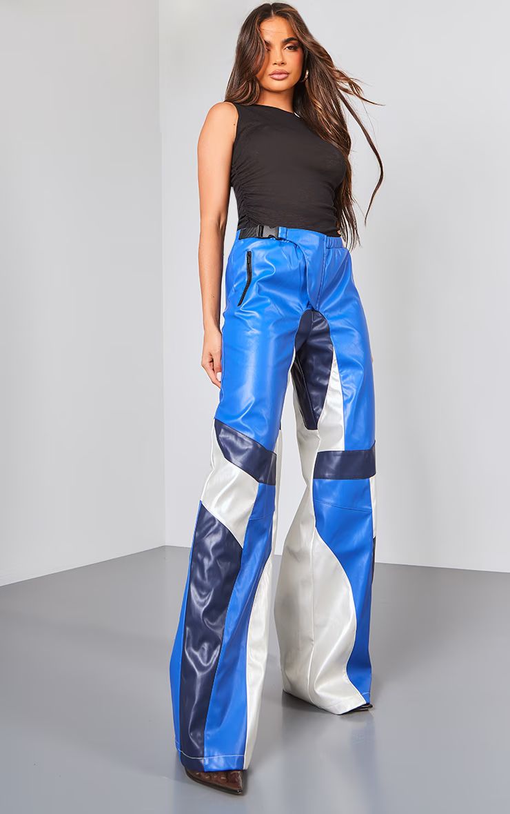 Pantalon en similicuir bleu style motorcross à parties contrastantes | PrettyLittleThing (FR)