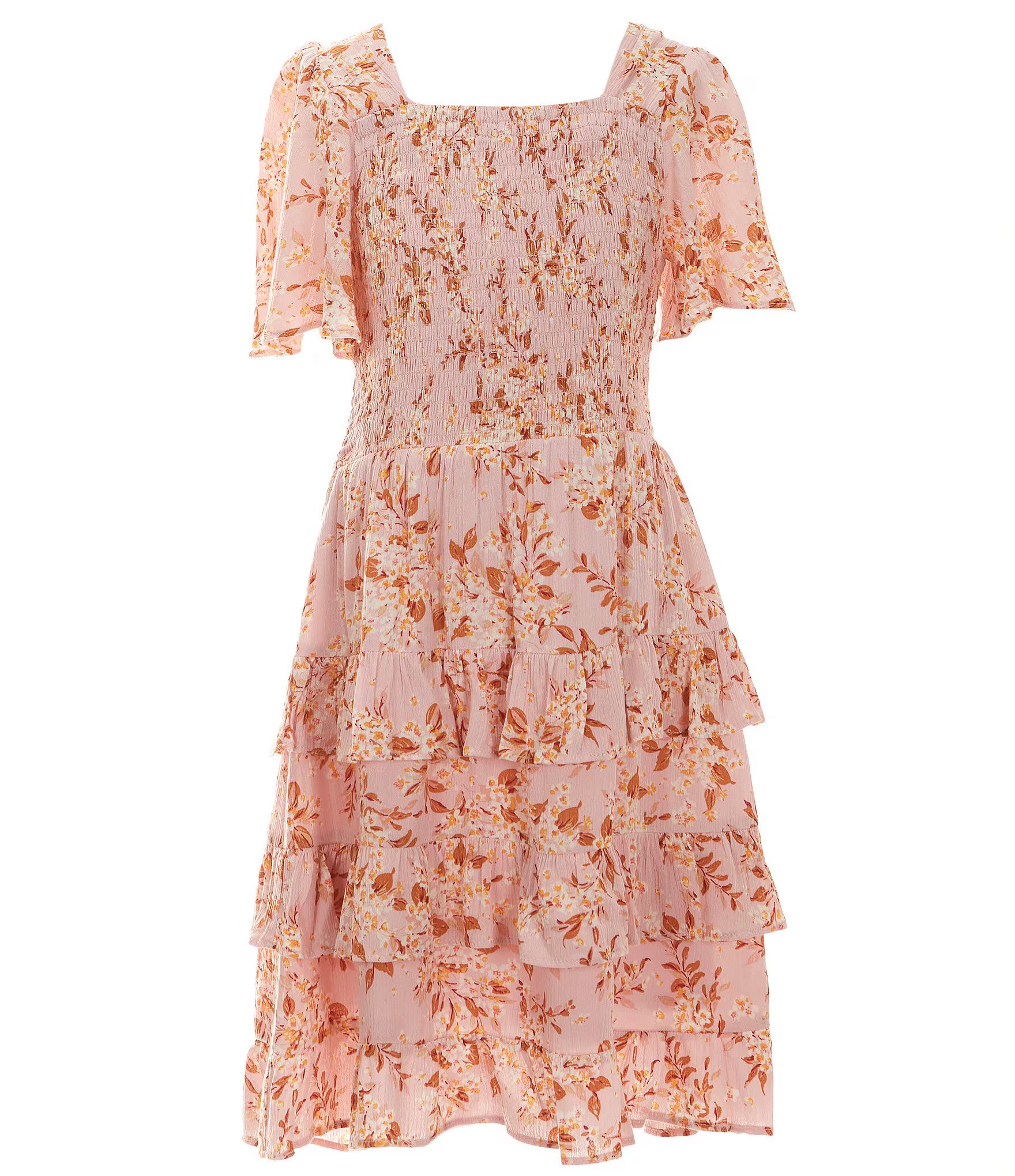 Big Girls 7-16 Floral Print Short Sleeve Square Neck Smocked Tiered Dress | Dillard's