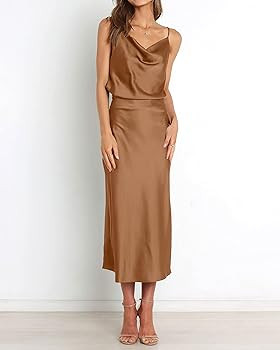 WICIWI Women's Satin Slip Dress 2024 Cowl Neck Spaghetti Straps Backless Sexy Wedding Club Cockta... | Amazon (US)