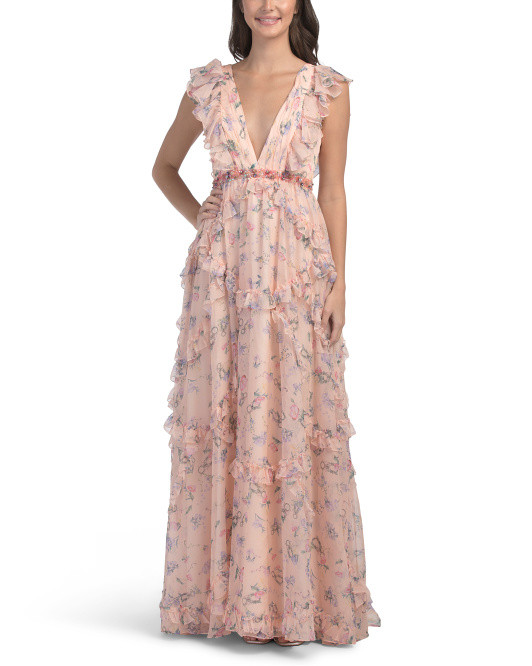 Sleeveless Floral Ruffle Gown | TJ Maxx