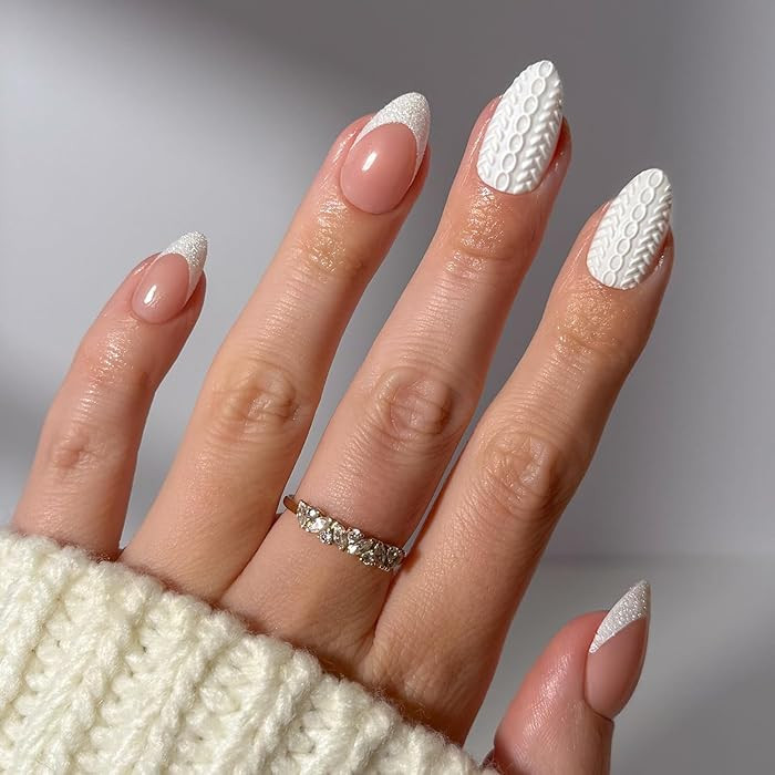 Glamnetic Press On Nails - Sweater Weather | Short Almond Fake Nails with White Glitter French Ti... | Amazon (US)