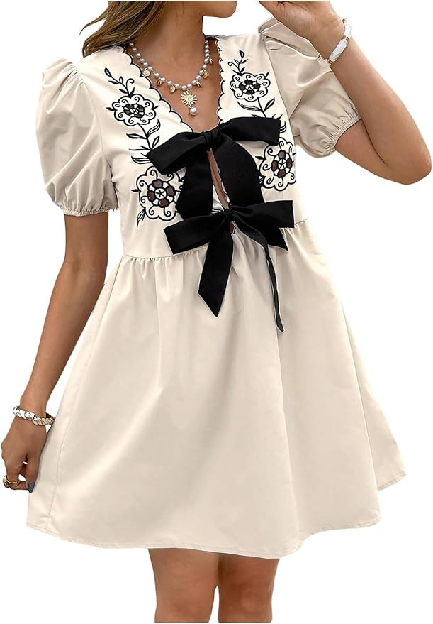 MakeMeChic Women's Floral Embroidery V Neck Dress Bow Puff Sleeve Summer Short Dresses | Amazon (US)