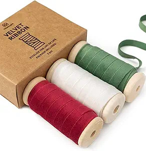 Vitalizart Christmas Velvet Ribbon Set 3/8" x 15 Yd Wooden Spool Fabric Trim 3 Rolls * 5 Yd for C... | Amazon (US)
