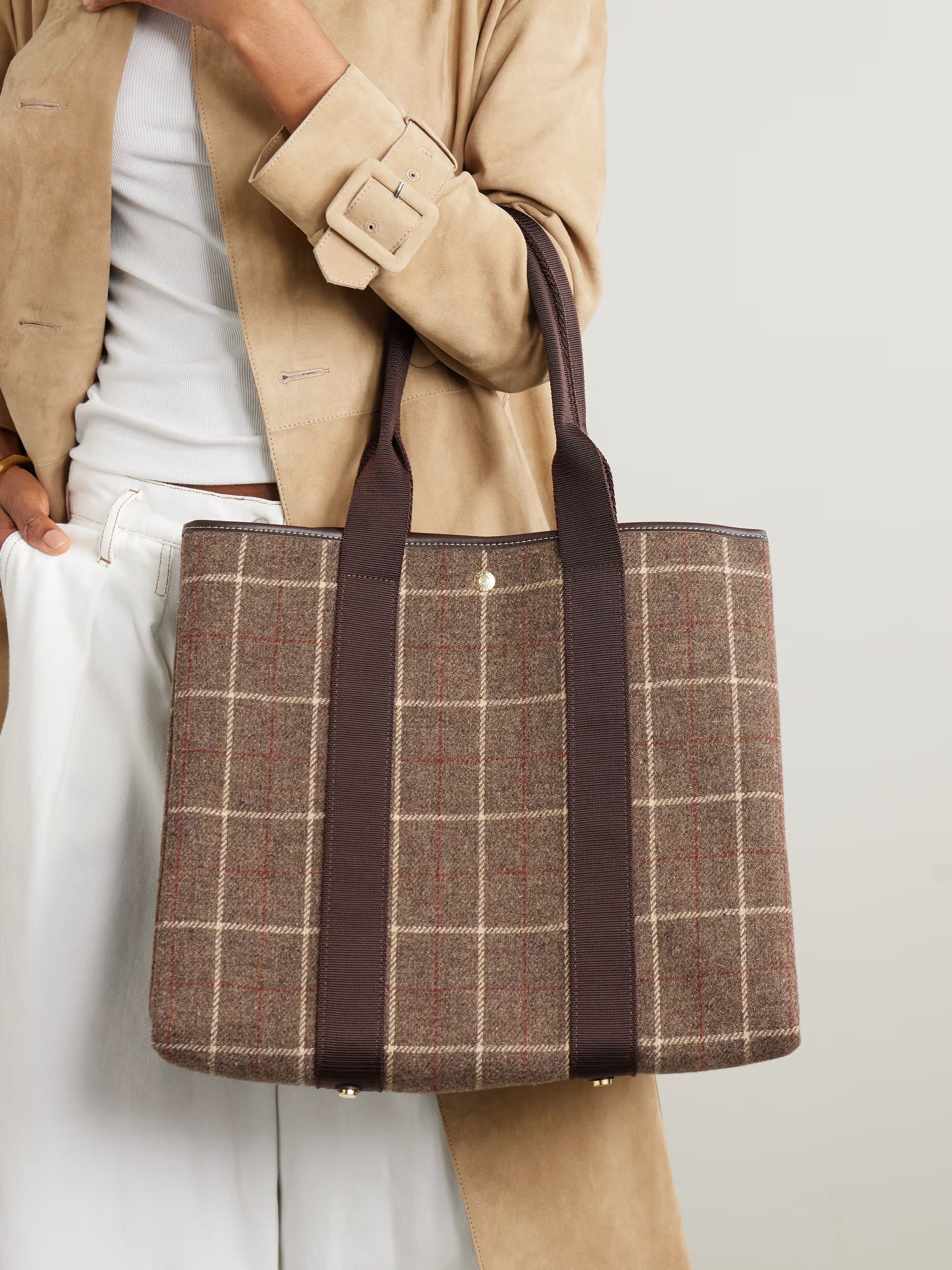 Traversée Hunter large webbing and leather-trimmed checked tweed tote | NET-A-PORTER (US)