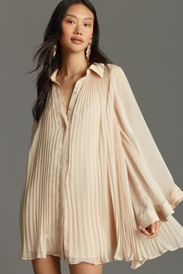 Maeve Long-Sleeve Pleated Mini Shirt Dress | Anthropologie (US)
