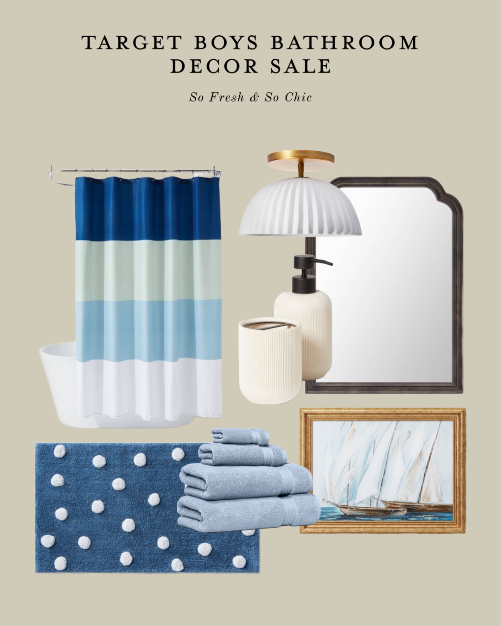 Blue and white boys bathroom sale at Target!
-
#kidsbathroom organic cotton towels - black framed mirror - fluted shade flush mount light - vintage sail boat framed art - blue and white polka dot bathroom rug - blue and white striped shower curtain - striped textured resin toothbrush holder - affordable bathroom decor 

#LTKunder100 #LTKhome #LTKkids
