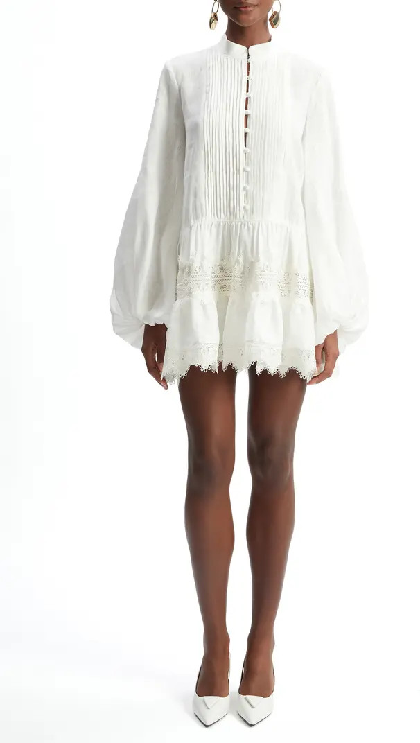 Antonia Lace Trim Long Sleeve Linen Minidress | Nordstrom